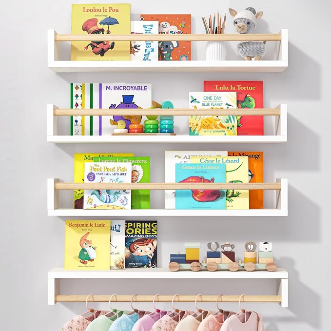 Fixwal Floating Nursery Book Shelves for Wall, 23.6in, Set of 4, White Wood | Solid wood shelves store kids' books, toys and clothing. Fits kids' room, playroom, nursery, living room, bedroom & bathroom.