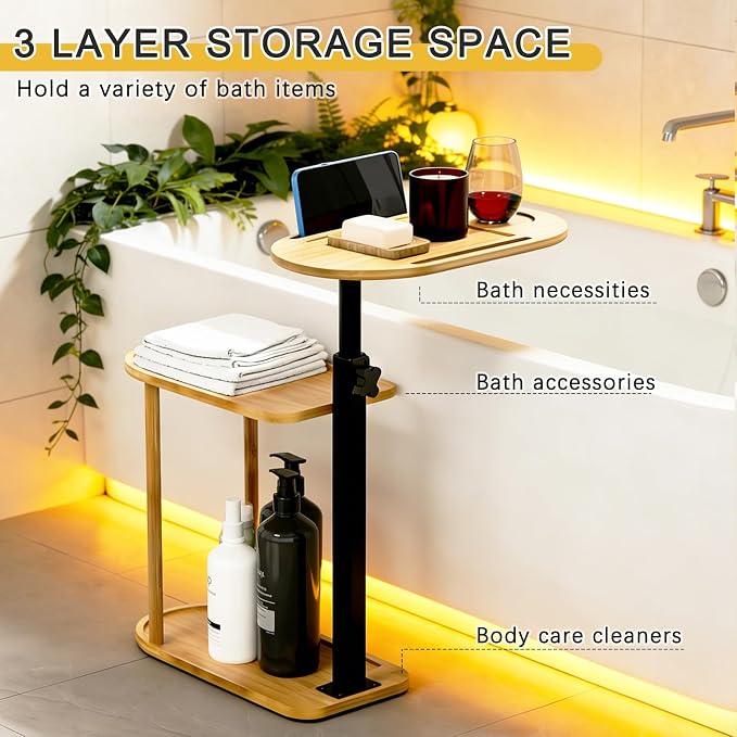 3-Tier Freestanding Bathtub Tray Table, Adjustable Bamboo Bath Caddy with Swivel Design, Standing Bath Shelf for Home Spa, Natural
