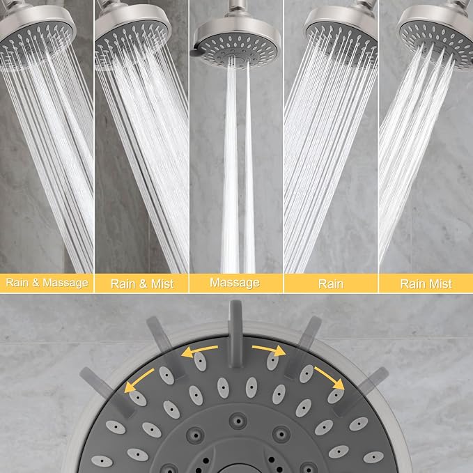 AISOSO High Pressure Rain Shower Head 2PCS 5 Modes 4.1 Inch Brushed Nickel | Low Water Pressure Compatible, Powerful Spray Fixed Showerhead for a Relaxing Indoor & Outdoor Shower