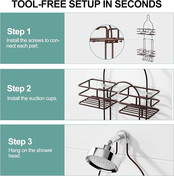 SRIWATANA Shower Caddy Hanging, Shower Organizer with Razor Hooks, Bronze | Rustproof Shower Rack, No Drilling Shelves Over Shower Head, Anti-Swing Scution Install, Bathroom Holder for Sponge Loofah