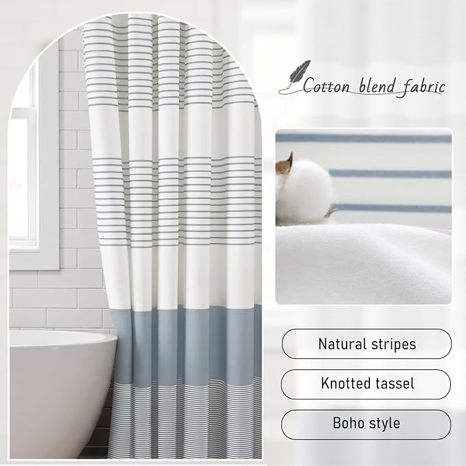 Blue Coastal Ocean Cotton Striped Shower Curtain with Tassel 72"W X 84"L | Extra Long Boho Farmhouse Shower Curtains for Bathroom with Soft Cotton Feel