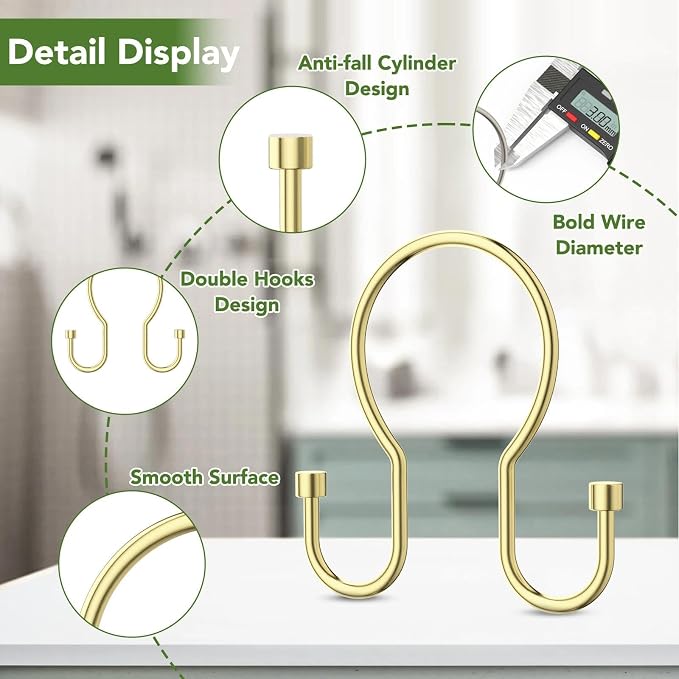Shower Curtain Hooks, Simple Shower Curtain Rings, Sturdy Shower Curtain Hangers, Double Hook Gold Shower Curtain Hooks, Smooth Gliding Metal Shower Hooks for Shower Curtain (Gold, 12 Pack)