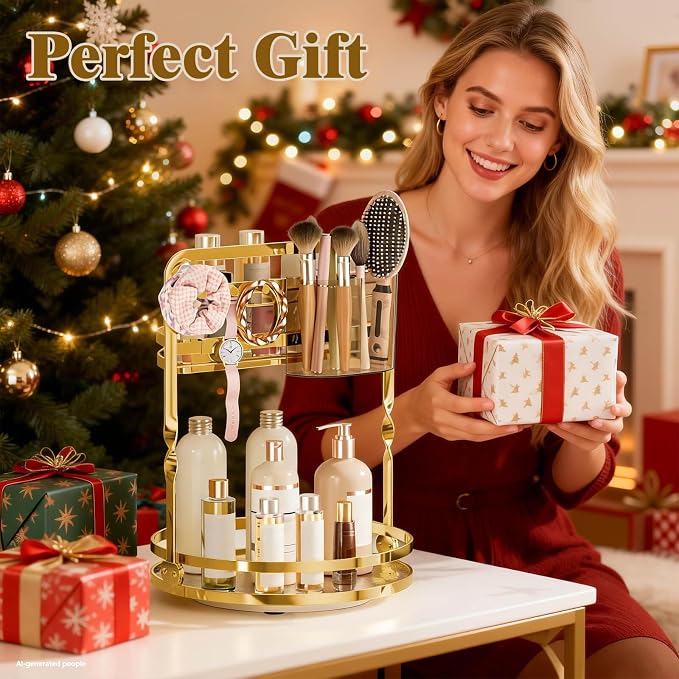 360° Rotating Makeup Organizer for Vanity, Gold Bathroom Organizer | 2-Tier Perfume Organizer with Makeup Brush Holder & Jewelry Hooks,Spinning Counter Shelf Storage for Perfume Skincare Dresser