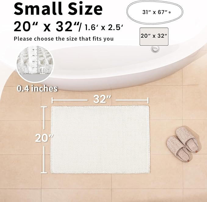 White Bathroom Rugs, Waffle Bath Mat Non Slip Washable, 20" x 32" | Super Absorbent Quick Dry Bath Mat, Small Boho Bathroom Mats, Soft Waffle Weave Farmhouse Bathroom Decor for Shower or Tub