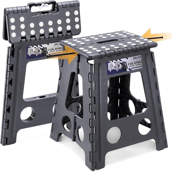 Delxo 16 Inch Folding Step Stool,Foldable Step Stool for Adults Dark Grey | Step Stool with Safety Lock,Portable Collapsible Step Stool,Non-slip Folding Stools for Kitchen Bathroom Bedroom Garden 1PC