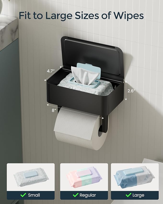 Toilet Paper Holder with Shelf - Flushable Wipes Dispenser & Storage Fits Any Bathroom, Keep Your Wet Wipes Hidden - Stainless Steel Wall Mount Bathroom Organizer -（Matte Black, Regular roll）