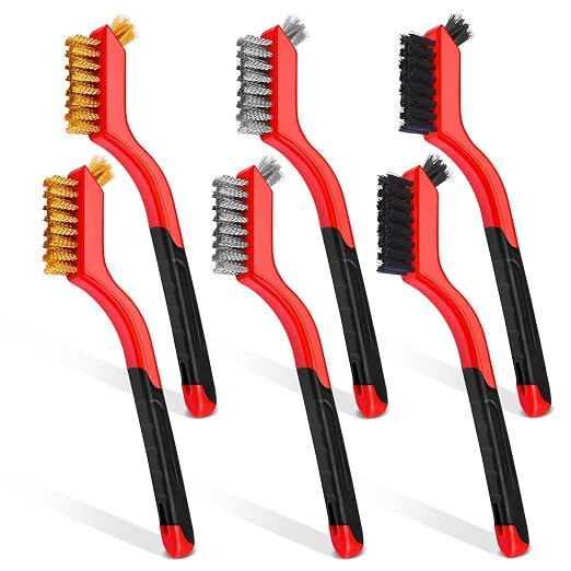 Wire Brush Set, 6 Pcs Brass/Stainless Steel/Nylon Wire Brushes | Red, 7" Total Length for Tight Spaces, For Cleaning with Curved Handle Grip for Rust Removal, Dirt, Paint Scrubbing