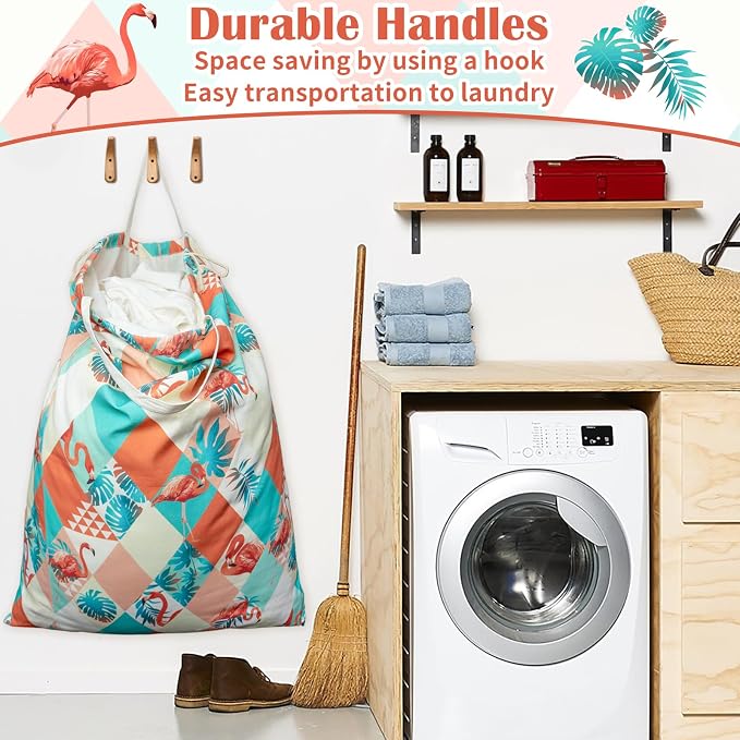Canvas Laundry Bag with Handles & Drawstring 30"Wx35"H, L+ Pink Flamingo | Thick Canvas Storage Bag, Large Heavy Duty Washable Dirty Clothes Travel Sack, for Camp, College Dorm, Laundromat, 1 Pack