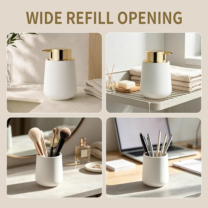 Bosilunlife 12Oz Ceramic Foam Soap Dispenser for Bathroom Kitchen Counter | Premium countertop foam pump creates delicate dense foam, stable desktop placement, Matte White with Gold