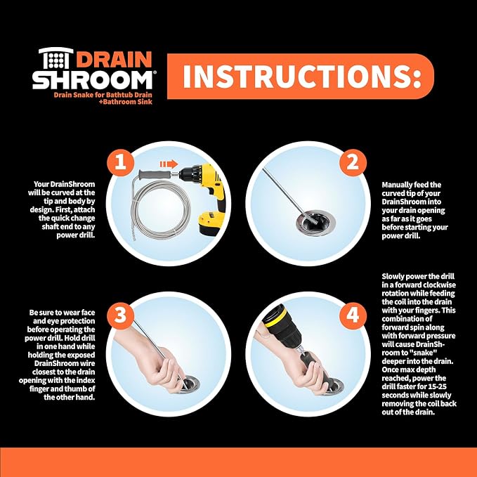 DrainShroom Drain Snake Auger, 36 Inch, Power Drill Attachment, Hair Clog Remover for Bathroom Sink and Bathtub, Stainless Steel, Matte Black