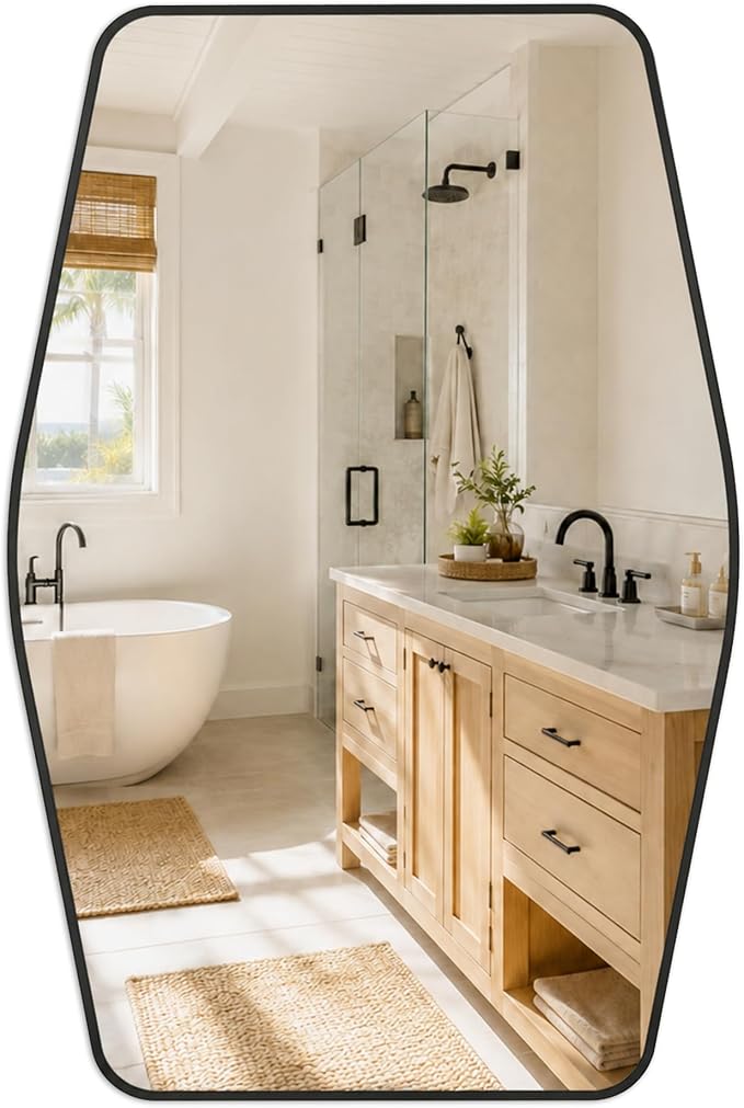 Matte Black Tapered Rectangle Bathroom Mirror, 24x36 Inch | Aluminum alloy frame, tempered glass, two-way keyhole mount, for bedroom, hallway, console