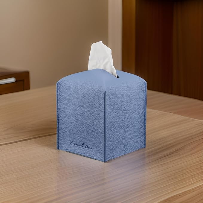 Premium PU Leather Tissue Box Holder - Elegant Hotel-Style Tissue Box Cover for Home, Office & Car Décor, Tissues Cube Organizer for a Natural & Classic Look (Sky Blue)