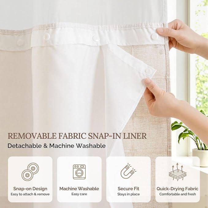 RiverDream Farmhouse No Hooks Shower Curtain with Snap-in Liner,Linen,36x74 | Snap on Fabric Liner,Heavy Duty,Quick Dry,Mesh Top Window,With Bottom Magnets,Washable,with Tassels,Stall Size