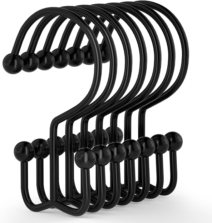 24 Pcs Shower Curtain Hooks, Goowin Shower Curtain Rings, Durable Black Shower Curtain Hooks Rust Proof, Shower Rings for Curtain, Double Glide Shower Hooks for Shower Curtain Rods, Black
