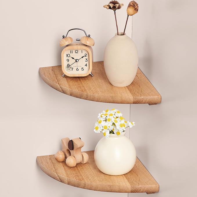 Gieanoo Floating Corner Shelves for Wall Set 2 7inch Solid Oak Rounded Corner Shelves Wall Mounted with Cable Hole Wood Corner Hanging Shelves for Living Room Bedroom Bathroom Kitchen