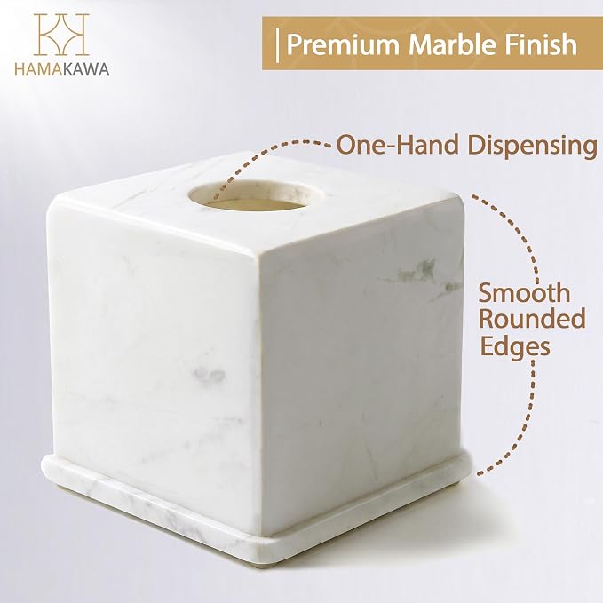 Natural Marble Tissue Box Cover, Volakas White Tissue Organizer 6 x 6 x 5.7 inch, Heavy Stone Decorative Box, Square Tissue Box Holder for Home Decor, Kitchen, Bathroom, Bedroom