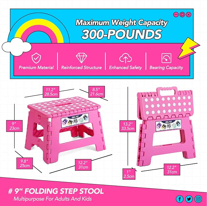 Delxo 9 Inch Kids Step Stool,300 Lbs Folding Step Stool for Toddler Pink | Foldable Step Stool,Non-Slip Foot Stools with Handle, Lightweight Collapsible Stool for Kitchen,Bathroom,Bedroom,Garden