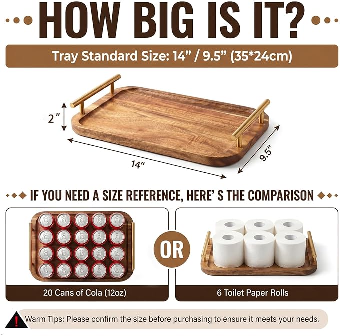 Bathroom Tray for Countertop Organizer,Vanity Tray with Gold Handle, Acacia Wood Tray for Bathroom Decor,Toilet Tank Tray, Multipurpose Organizer Rack for Lavatory, Bathroom, and Kitchen 13.98"X 9.45"