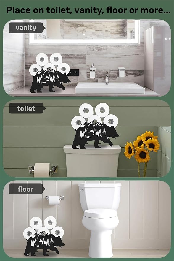 Black Bear Metal Toilet Tissue Holder - Funny Animal Paper Holder for Bathrooms - FreeStanding Organizer Holds Extra 8 Rolls