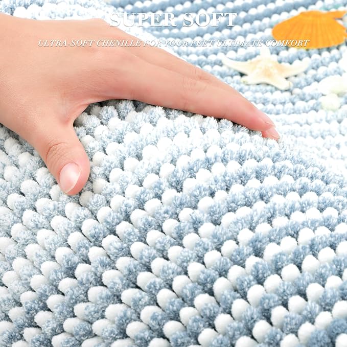 Bathroom Rugs and Mats Sets, 2 Piece Thick Absorbent Chenille Bath Mat Rug Set Non Slip, Soft Shaggy Bath Room Floor Mats for Bathroom, Machine Washable (24" x 70" Plus 20" x 32",Ice Blue)