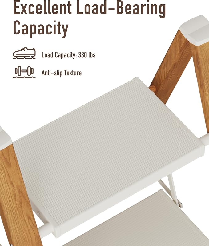 Mayi Plus 2 Step Stool Foldable, Aluminum, Lightweight Step Ladder | Extra-wide anti-slip folding steps with 330 lbs, for home,kitchen,office,outdoor,White & Woodgrain