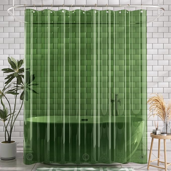 AmazerBath Shower Curtain Liner, 72x72 Transparent Pine Green Shower Liner, Lightweight Plastic Shower Curtain Liners, Waterproof Shower Liner for Bathroom with 3 Magnets and 12 Grommet Holes