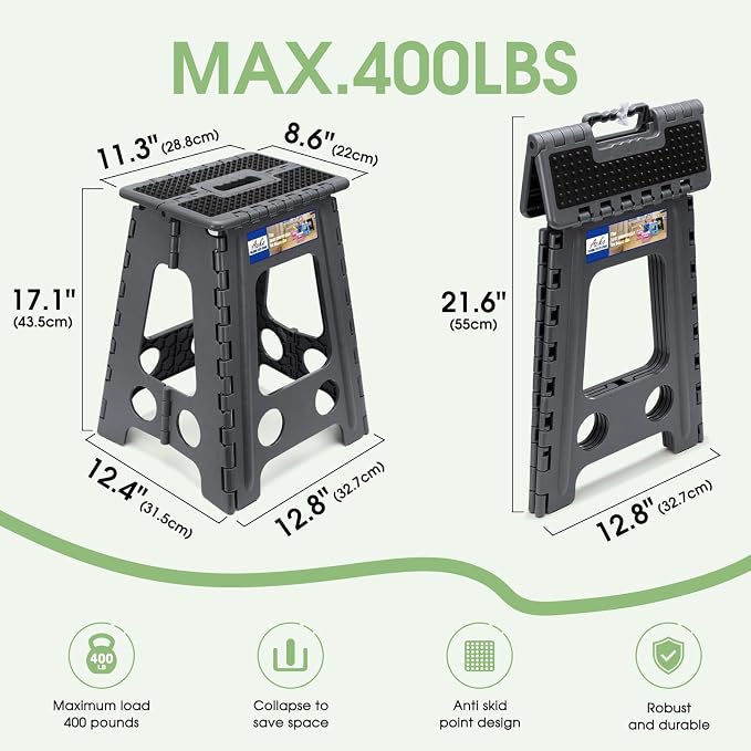 ACKO 17.5" Folding Step Stool, 400 lbs Capacity with Safety Lock, Dot Gray | Portable Foldable Stools with Handle, Heavy Duty Collapsible Non-Slip Foot Stool for Adults & Kids, Kitchen Bathroom Outdoor