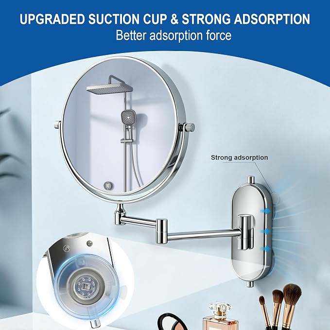 8“ Suction Cup Makeup Mirror Wall Mounted No Drilling, 1X/10X Magnifying Mirror Wall Mounted Makeup Mirror Swing Arm 360° Rotation, Wall Mount Powerful Suction Cup for Bathroom & Shaving Chrome