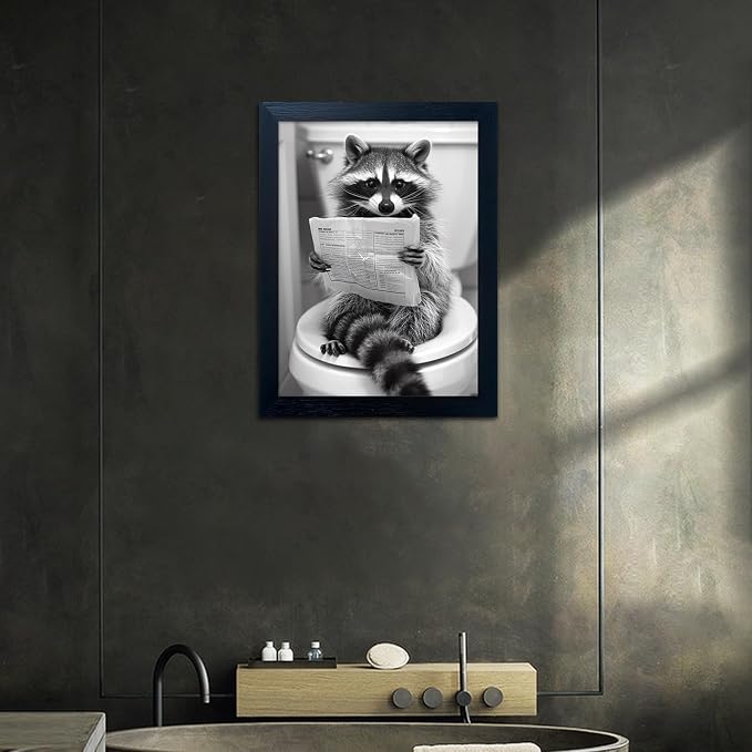 Cute Raccoon Wall Decor Animal Bathroom Wall Art Black and White Raccoon on Toilet Canvas Picture Print Farmhouse Framed Cute Painting Restroom Decoration Ready to Hang