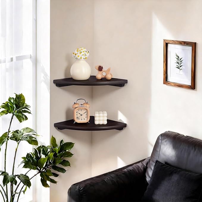 Gieanoo Corner Wall Shelf,9inch Solid Oak Wood Floating Corner Shelf with Wire Hole Corner Wall Storage Display Shelves for Living Room Bedroom Bathroom Kitchen(Walnut)