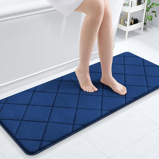 OLANLY Memory Foam Bath Mat 47x20, Ultra Soft and Absorbent Bathroom Rugs | Navy, Quick Dry, Machine Washable Shower Bath Rugs, Comfortable Bath Carpet for Bathroom Floor, Tub and Shower