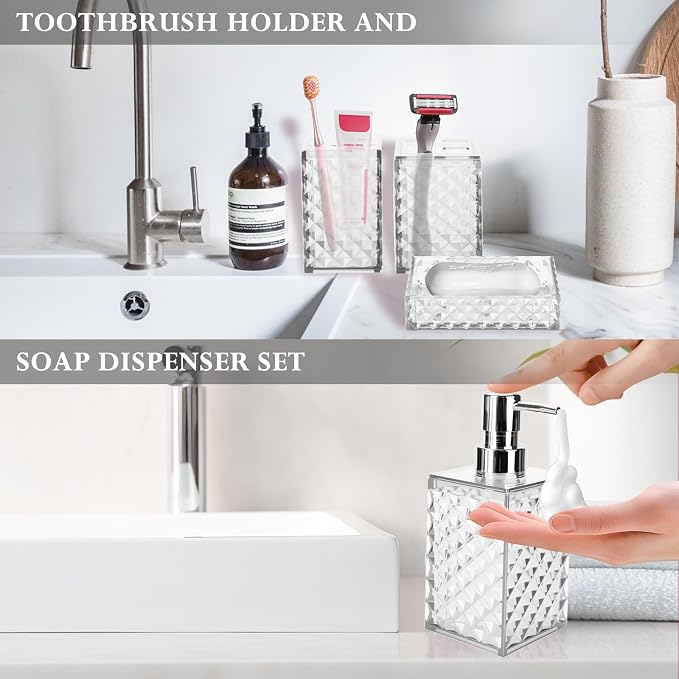 Bathroom Accessory Set, Grid Pattern 4 Pcs Plastic Bathroom Set, White | Include Soap Dispenser, Soap Dish, Toothbrush Holder, Mouthwash Cup, Modern Bathroom Decor Set