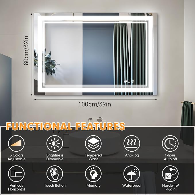 40"x32" LED Bathroom Mirror with Lights, Backlit + Front Lit Smart Bathroom Vanity Mirror, Anti-Fog, Stepless Dimmable, Memory Function, Shatterproof Tempered Glass for Wall