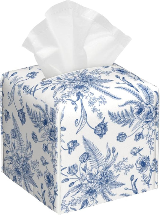 Blue Flowers Tissue Box Cover Square,Tissue Box Holder with Belt Bottom,Stylish Leather Napkin Holder for Vanity Countertop,Nightstands,Office Desk,5.2"×5.2"×5.2"