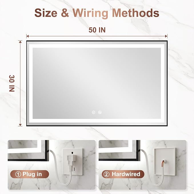 LED Bathroom Mirror with Lights, 30"x50" Black Framed Lighted Vanity Mirror | Anti-Fog, Dimmable 3 Color Temperature, Front & Backlit, Memory Function, Shatterproof Tempered Glass