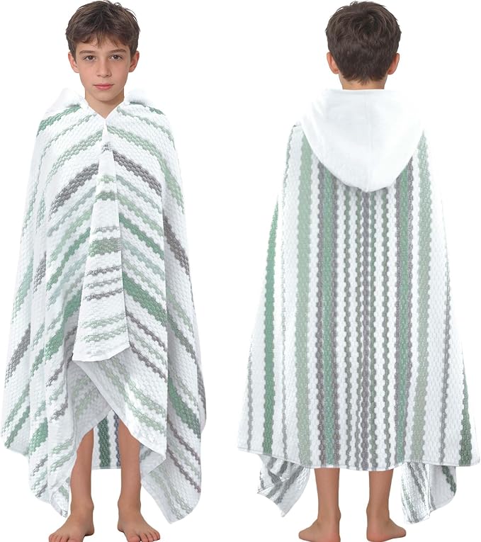 VOOVA & MOVAS Big Kids Hooded Bath Towel,6-12 Years,100% Cotton | 64X33 Inch,Green Brown Stripe,Thick,Soft, Absorbent, Quick-Drying, Beach/Pool/Swim Essentials