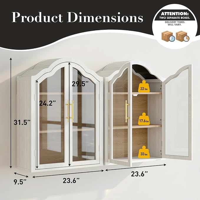 Arched Wall Cabinet Above Toilet Cabinet Set of 2, 31.5×23.6 Inch Wall Mounted Cabinets with Tempered Glass Doors & Adjustable Shelves for Laundry Room, Kitchen, Bathroom (2PCS, White)
