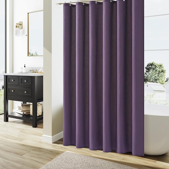 Purple Linen Shower Curtain, Country Boho Farmhouse Bath Decor Shower Curtains Neutral Cloth Weighted Textured Fabric Bath Curtain Liner with Hooks, 72x72