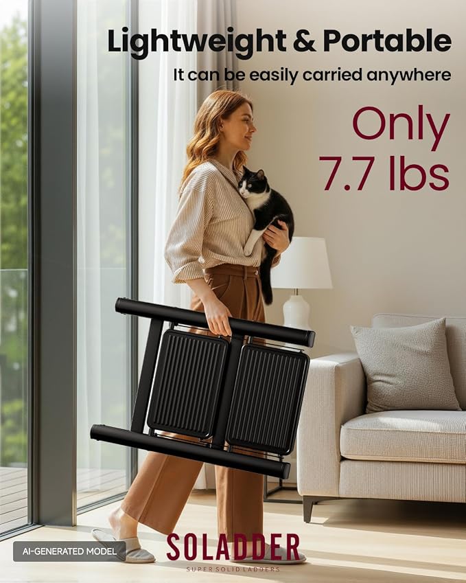 2 Step Ladder, Folding Step Stool, Lightweight Stepladder, Black | Anti-Slip 7.9'' Wide Pedal;Space-Saving;For Kitchen, Home, Library, Office Use;300lbs Capacity