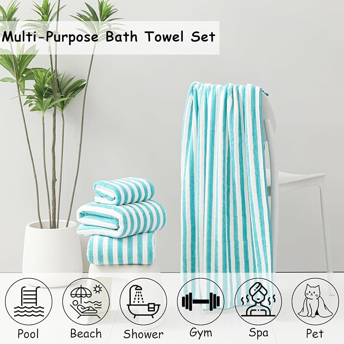 8 Pcs Turquoise Large Cabana Stripe Bath Towel Set Oversized Jumbo Towels | 2 Extra Large Bath Sheets,2 Hand Towels,4 Washcloths for Bathroom Soft Highly Absorbent Towels for Beach Chair Hotel