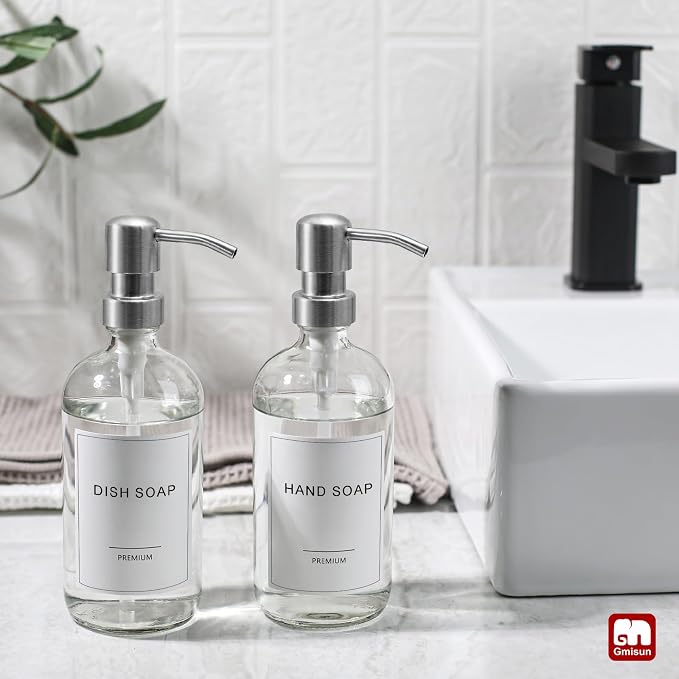 GMISUN Glass Soap Dispenser with Pump, 2 Pack Clear Bathroom Hand Soap Dispenser with Stainless Steel Pump, 17 Fl Oz Refillable Kitchen Hand and Dish Soap Dispensers Set, Modern Liquid Pump Bottles