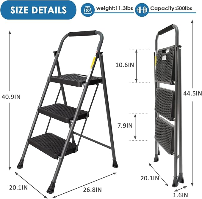 GOLYTON 3 Step Ladder,Step Stools for Adults, 500lbs Capacity | Step Stool Foldable, Steel Ladder for Household and Office, Grey