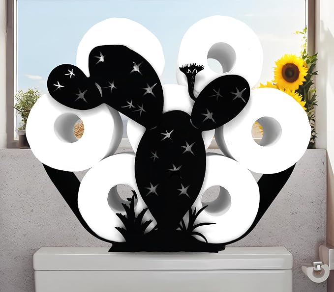 Black Cactus Metal Toilet Tissue Holder, Decorative FreeStanding Paper Holder for Bathrooms, Organizer Holds Extra 8 Rolls
