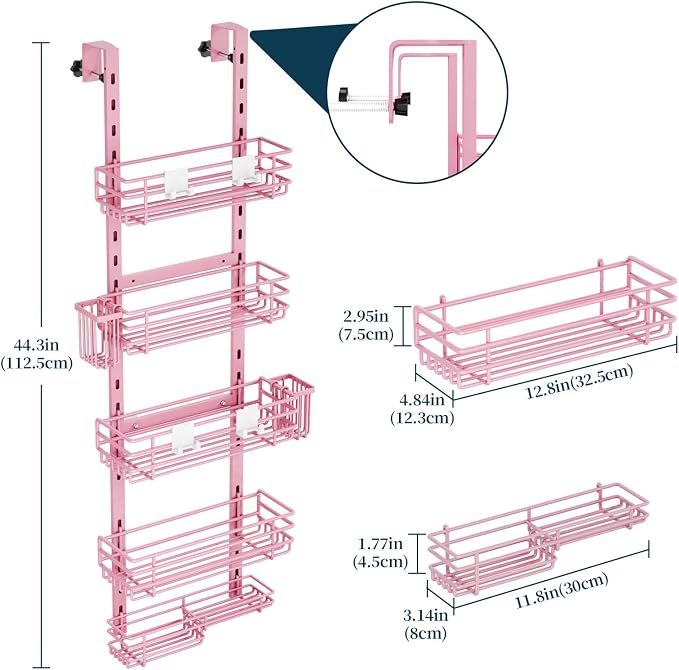 Consumest Over The Door Shower Caddy - 5 Tier Adjustable Shower Organizer Hanging with 2 Toothbrush Holders & 4 Hooks, Rustproof Organizer Shelf, Storage Rack for Bathroom, Pink
