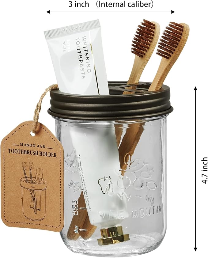 Amolliar Mason Jar Toothbrush Holder, Rustproof Stainless Steel, Bronze | Toothbrushes and Toothpaste Holder with Chalkboard Labels - Farmhouse Décor Bathroom Countertop and Vanity Storage Organizer