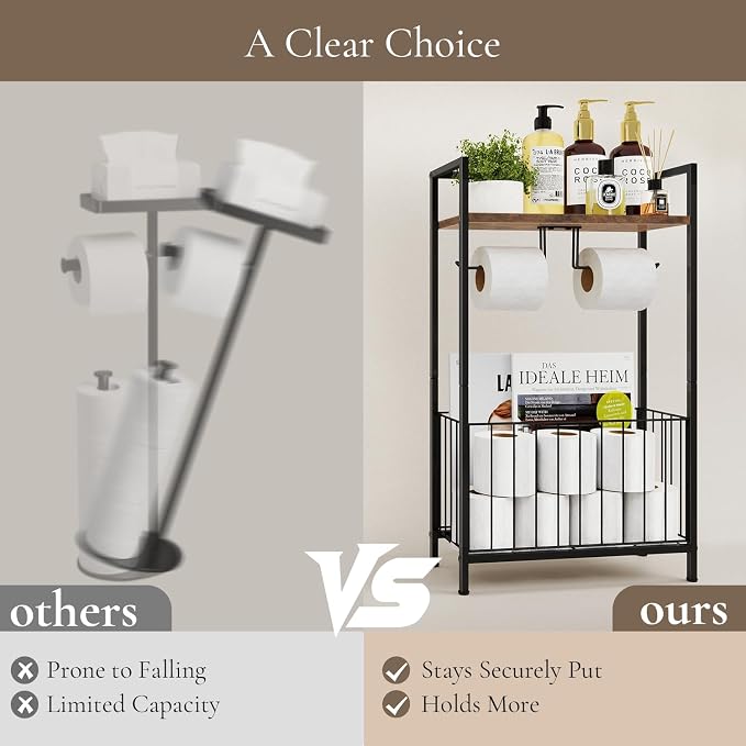 Freestanding Toilet Paper Holder with Storage, Rustic Brown | Toilet Paper Holder Stand with Wooden Shelf for Bathroom Storage, Dual Toilet Paper Roll Stand for Extra Rolls & Magazines