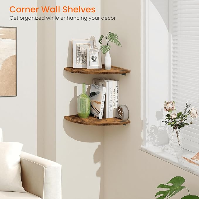 Corner Shelf Wall Mount, 12 Inch Wood Floating Corner Shelves with Cord Hole, Set of 2 Large Corner Hanging Shelves for Bathroom Bedroom Kitchen, Rustic Brown