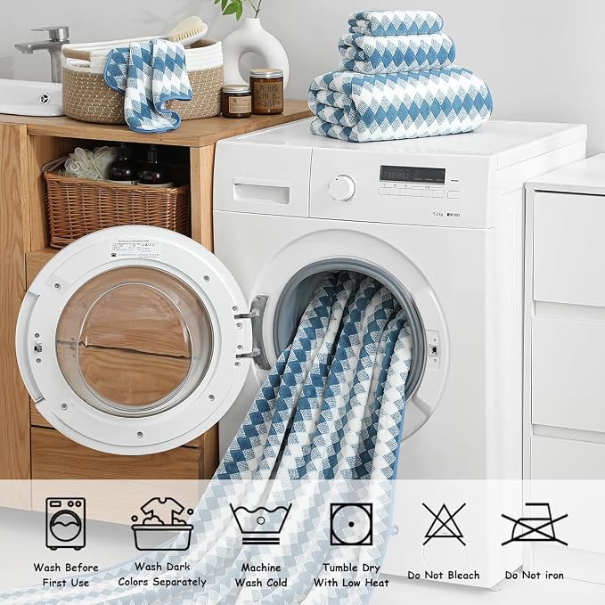 12 Pcs Navy White Diamond Towel Set-4 Bath Towels,4 Hand Towels,4 Washcloths Soft Polyester Towels with Loop Absorbent Shower Towel Quick Dry Beach Chair Towel Family Towels for Bathroom Spa Gym Pool