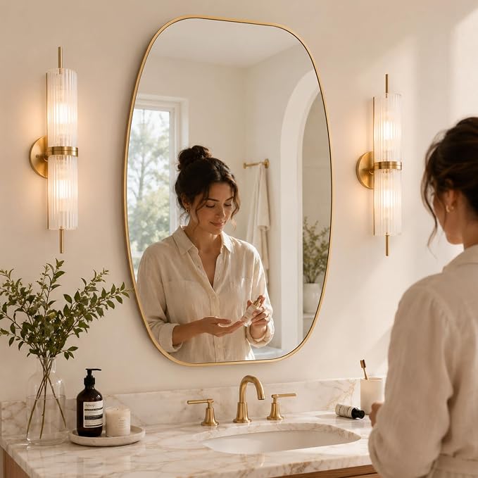 Matte Gold Capsule Bathroom Mirror, 24x36 Inch | Aluminum alloy frame, muted vintage gold tone, tempered glass, two-way mount for dressing space