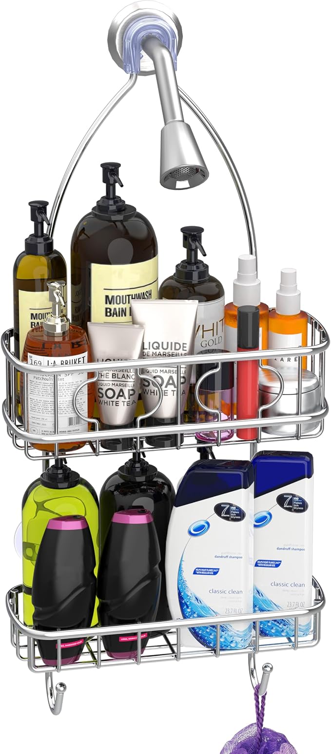 Simple Houseware Hanging Shower Head Caddy Organizer, 24 x 10, Chrome | (24 x 10.2 x 4.25 inches)